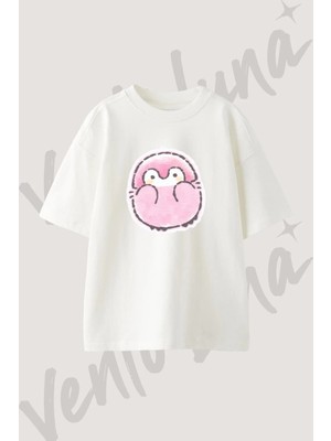 Pink Daruma Tasarım Baskılı Unisex Oversize Kalıp Beyaz Tshirt