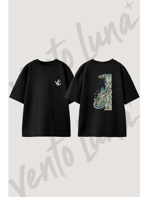 Peacock Art Nouveau Tasarım Sırt Baskılı Pamuk Siyah Oversize T-Shirt