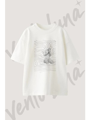 Contour Prayer Tasarım Baskılı Unisex Oversize Kalıp Beyaz Tshirt