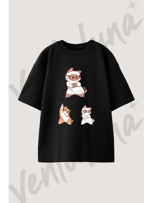 Cool Cats_1 Tasarım Baskılı Unisex Oversize Kalıp Siyah Tshirt