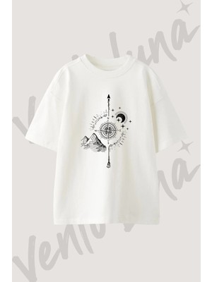 Pusula Ay Dag Tasarım Baskılı Unisex Oversize Kalıp Beyaz Tshirt