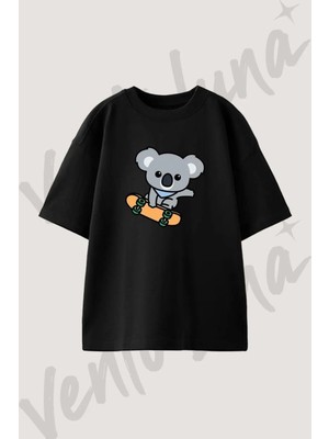 Koala Skateboard Tasarım Baskılı Unisex Oversize Kalıp Siyah Tshirt