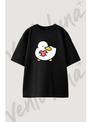 Duck Heart_1 Tasarım Baskılı Unisex Oversize Kalıp Siyah Tshirt