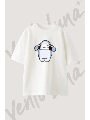 Cartoon Yeti Tasarım Baskılı Unisex Oversize Kalıp Beyaz Tshirt