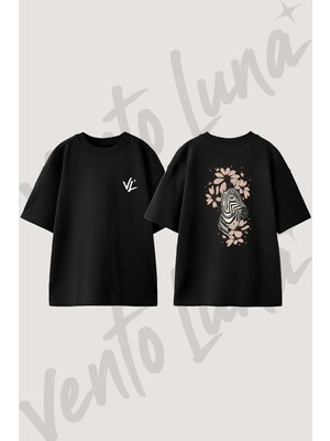 Zebra Yaprak Tasarım Sırt Baskılı Pamuk Siyah Oversize T-Shirt