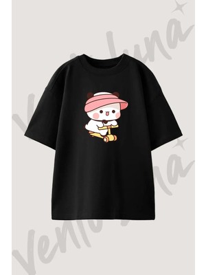 Mochi Panda Tasarım Baskılı Unisex Oversize Kalıp Siyah Tshirt