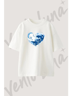 Wave Moon Heart Tasarım Baskılı Unisex Oversize Kalıp Beyaz Tshirt