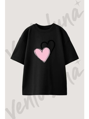 Pembe Cift Kalp Tasarım Baskılı Unisex Oversize Kalıp Siyah Tshirt