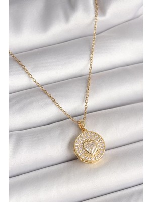 Aydogan's Ayd 316L Çelik Gold Renk Zincir Madalyon Zirkon Taşlı Kalp Model Kadın Kolye - TJ-BKO9946