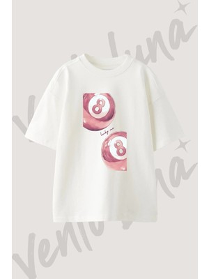 Pink 8 Ball Tasarım Baskılı Unisex Oversize Kalıp Beyaz Tshirt