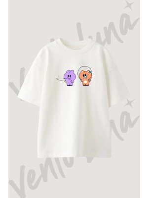Cizgi Film Ziplama Ipi Tasarım Baskılı Unisex Oversize Kalıp Beyaz Tshirt