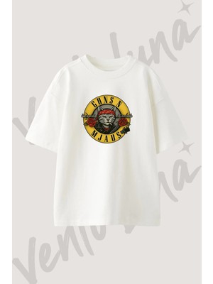 Guns N Roses Kedi Tasarım Baskılı Unisex Oversize Kalıp Beyaz Tshirt