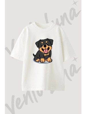 Rottweiler Puppy Tasarım Baskılı Unisex Oversize Kalıp Beyaz Tshirt