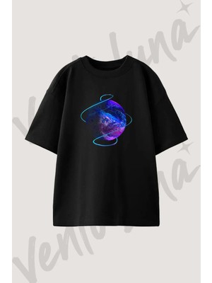 Rune Nebula Orb Tasarım Baskılı Unisex Oversize Kalıp Siyah Tshirt