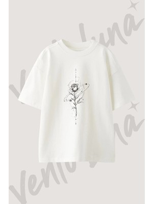 Rose Cosmic Tasarım Baskılı Unisex Oversize Kalıp Beyaz Tshirt