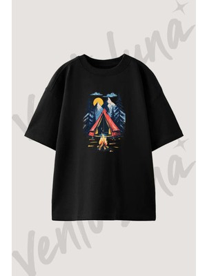 Dag Cadir Atesi Tasarım Baskılı Unisex Oversize Kalıp Siyah Tshirt