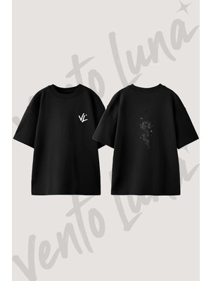 Mystic Lotus Tasarım Sırt Baskılı Pamuk Siyah Oversize T-Shirt