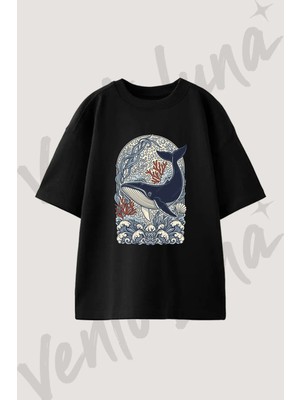 Ocean Whale Tasarım Baskılı Unisex Oversize Kalıp Siyah Tshirt