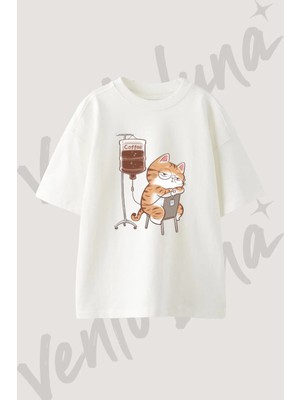 Kedi Kahve Serum Tasarım Baskılı Unisex Oversize Kalıp Beyaz Tshirt