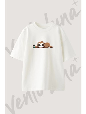 Sloth Sleeping Coffee Tasarım Baskılı Unisex Oversize Kalıp Beyaz Tshirt