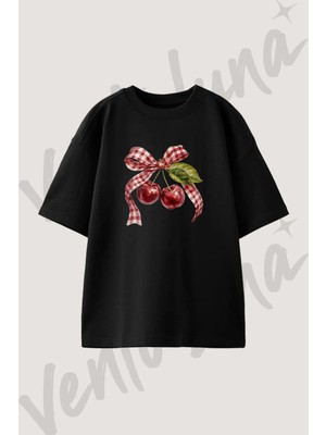 Kiraz Potikare Tasarım Baskılı Unisex Oversize Kalıp Siyah Tshirt