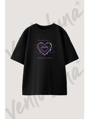 Melting Heart Moon Tasarım Baskılı Unisex Oversize Kalıp Siyah Tshirt