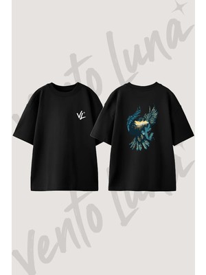 Kartal Doga Tasarım Sırt Baskılı Pamuk Siyah Oversize T-Shirt