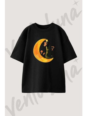 Ay Kedi Tasarım Baskılı Unisex Oversize Kalıp Siyah Tshirt