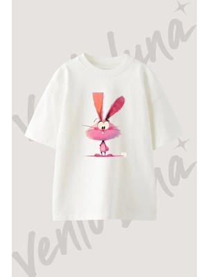Pembe Cizgi Tavsan Tasarım Baskılı Unisex Oversize Kalıp Beyaz Tshirt
