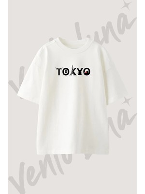 Tokyo Sembolleri Tasarım Baskılı Unisex Oversize Kalıp Beyaz Tshirt