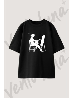 Painter Woman Tasarım Baskılı Unisex Oversize Kalıp Siyah Tshirt