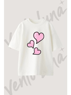 Pink Hearts Tasarım Baskılı Unisex Oversize Kalıp Beyaz Tshirt