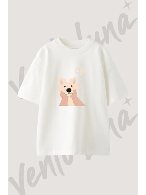 Sevimli Kopek Tasarım Baskılı Unisex Oversize Kalıp Beyaz Tshirt