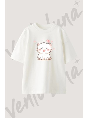 Kawaii Cat_4 Tasarım Baskılı Unisex Oversize Kalıp Beyaz Tshirt