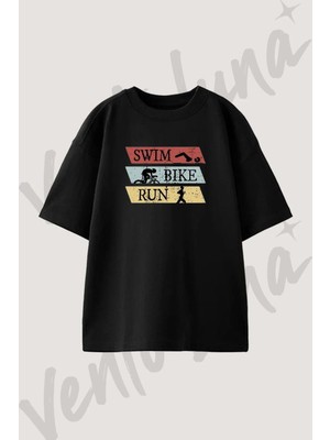 Swim Bike Run Tasarım Baskılı Unisex Oversize Kalıp Siyah Tshirt