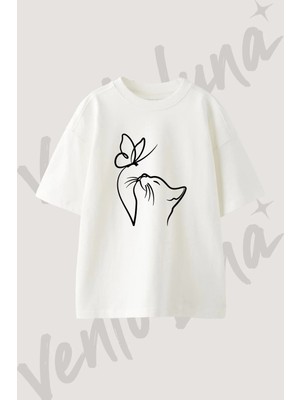 Kedi Kelebek_3 Tasarım Baskılı Unisex Oversize Kalıp Beyaz Tshirt