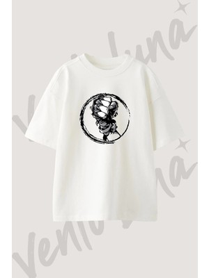 Boks Yumrugu Tasarım Baskılı Unisex Oversize Kalıp Beyaz Tshirt