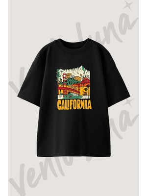 California_1 Tasarım Baskılı Unisex Oversize Kalıp Siyah Tshirt