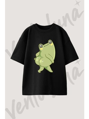 Frog Butt Tasarım Baskılı Unisex Oversize Kalıp Siyah Tshirt