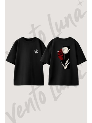 Lale Gul Tasarım Sırt Baskılı Pamuk Siyah Oversize T-Shirt