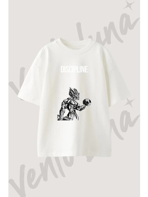 Goku Dumbbell Tasarım Baskılı Unisex Oversize Kalıp Beyaz Tshirt