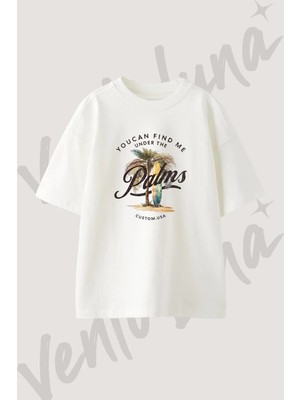 Palmiye Sorftahasi Tasarım Baskılı Unisex Oversize Kalıp Beyaz Tshirt