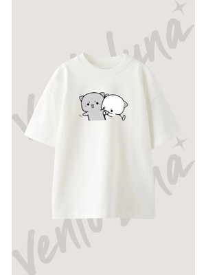 Peach Goma Tasarım Baskılı Unisex Oversize Kalıp Beyaz Tshirt