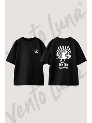 Pew Pew Kedi Tasarım Sırt Baskılı Pamuk Siyah Oversize T-Shirt