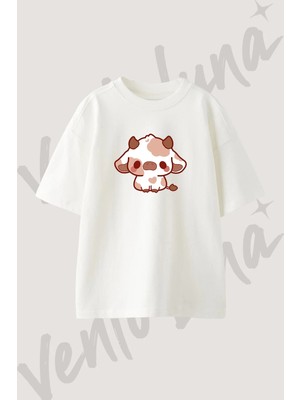 Kawaii Cow Tasarım Baskılı Unisex Oversize Kalıp Beyaz Tshirt