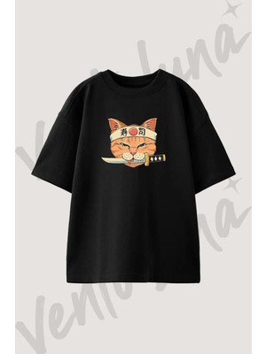 Sushi Kedi Tasarım Baskılı Unisex Oversize Kalıp Siyah Tshirt