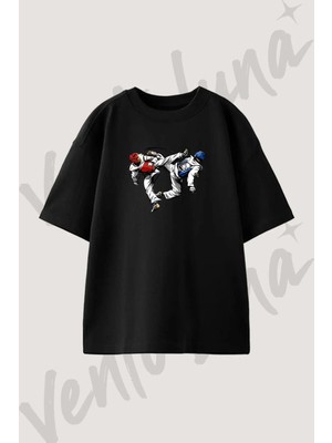 Taekwondo_1 Tasarım Baskılı Unisex Oversize Kalıp Siyah Tshirt
