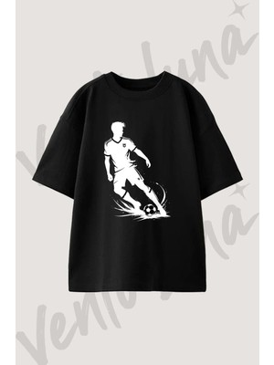 Soccer Player Tasarım Baskılı Unisex Oversize Kalıp Siyah Tshirt