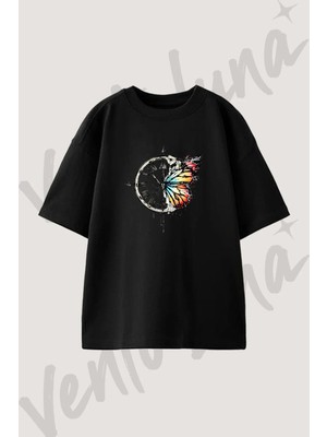 Saat Kelebek_1 Tasarım Baskılı Unisex Oversize Kalıp Siyah Tshirt