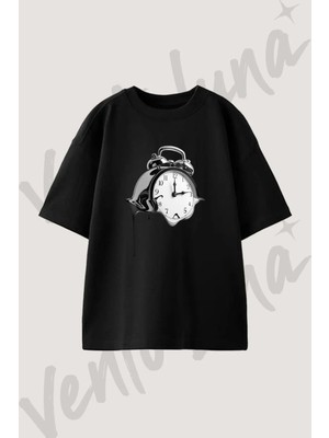 Melting Alarm Clock Tasarım Baskılı Unisex Oversize Kalıp Siyah Tshirt